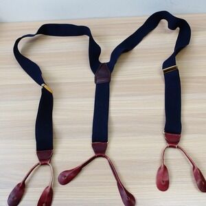 CAS West Germany Suspender Mens Navy Blue Button End Leather Braces Suit VINTAGE